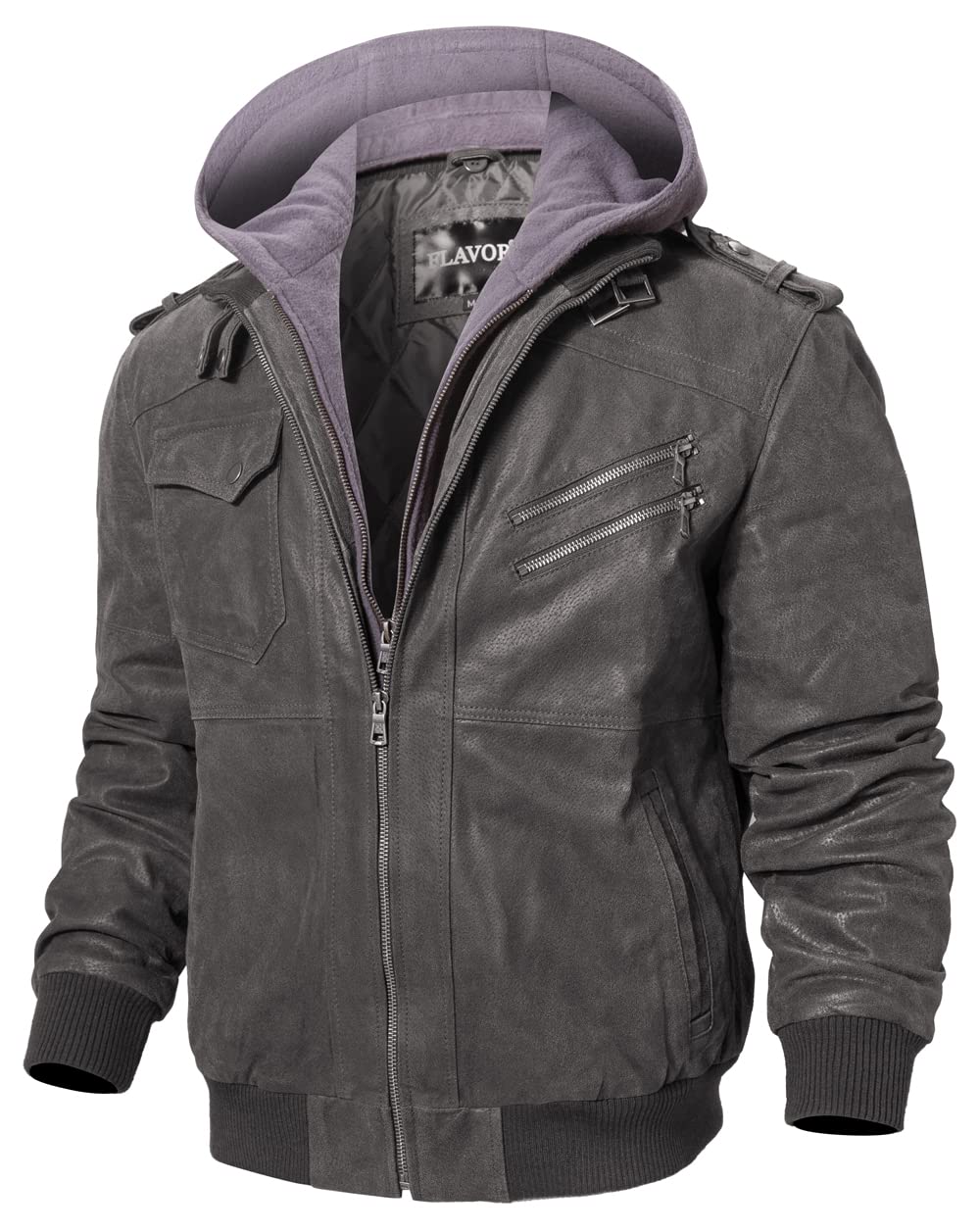 FLAVOR Men Brown Leather Motorcycle Jacket with Removable Hood (Large. Gray)