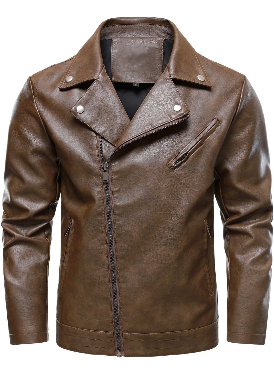 HOOD CREW Men's Faux Leather Jacket Cool Motorcycle Lapel Biker Jackets Zip Up Riding Coat Brown L