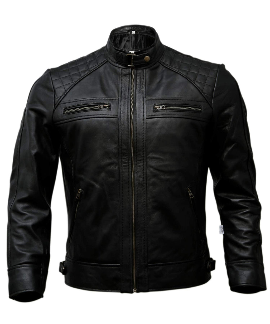 Mens Genuine Leather Biker Jacket Black | Vintage Brown Distressed Lambskin Motorcycle Jackets for Men (Black. Large)