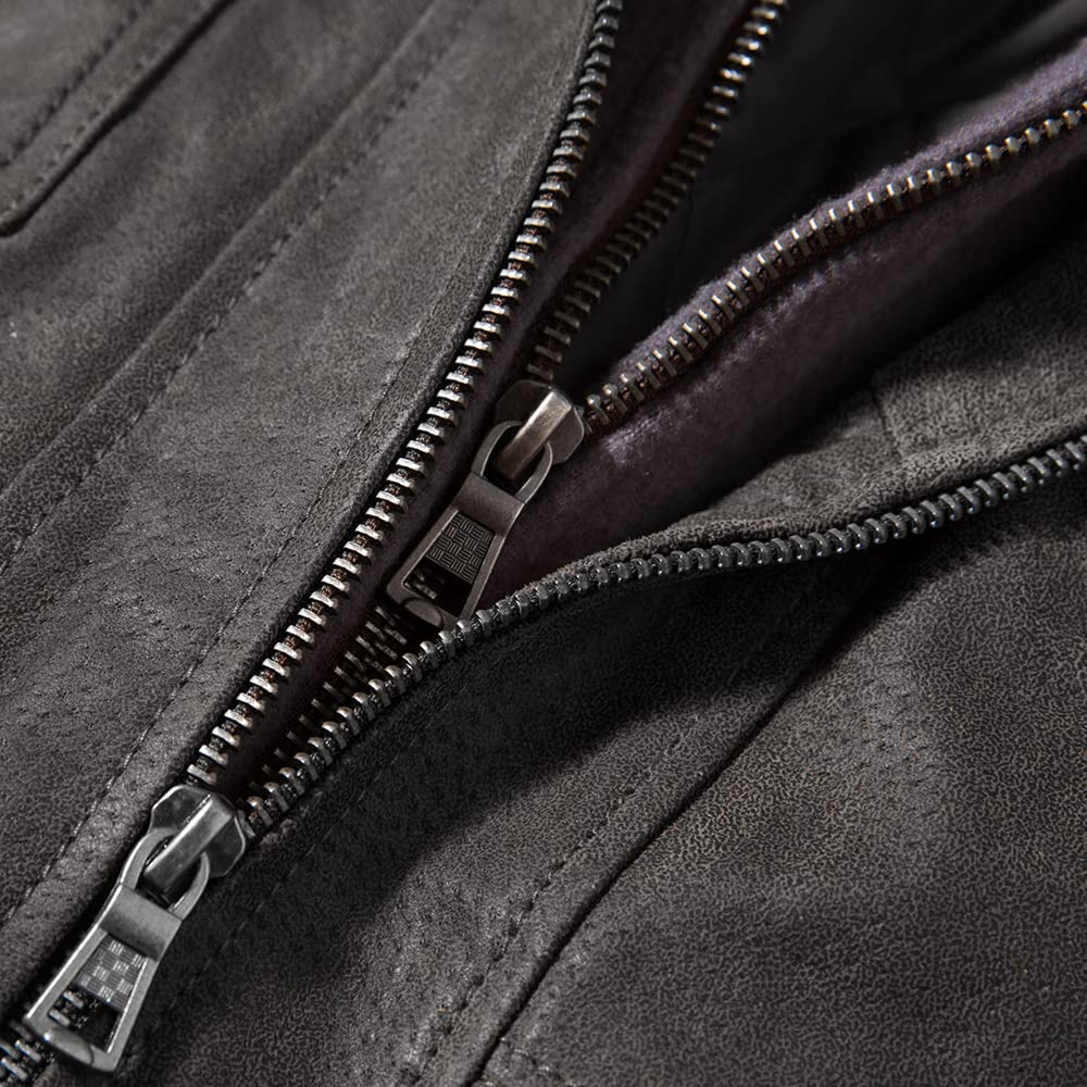 FLAVOR Men Brown Leather Motorcycle Jacket with Removable Hood (Large. Gray)