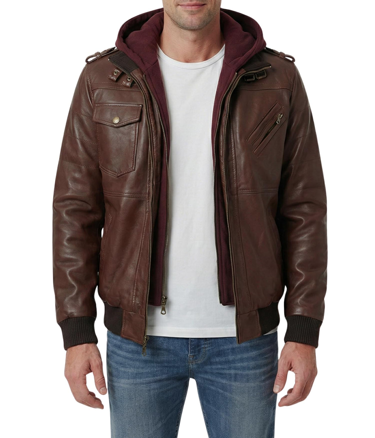 Decrum Brown Leather Jacket with Hood For Men | [1112376] Dark Brown Edinburgh. 2XL