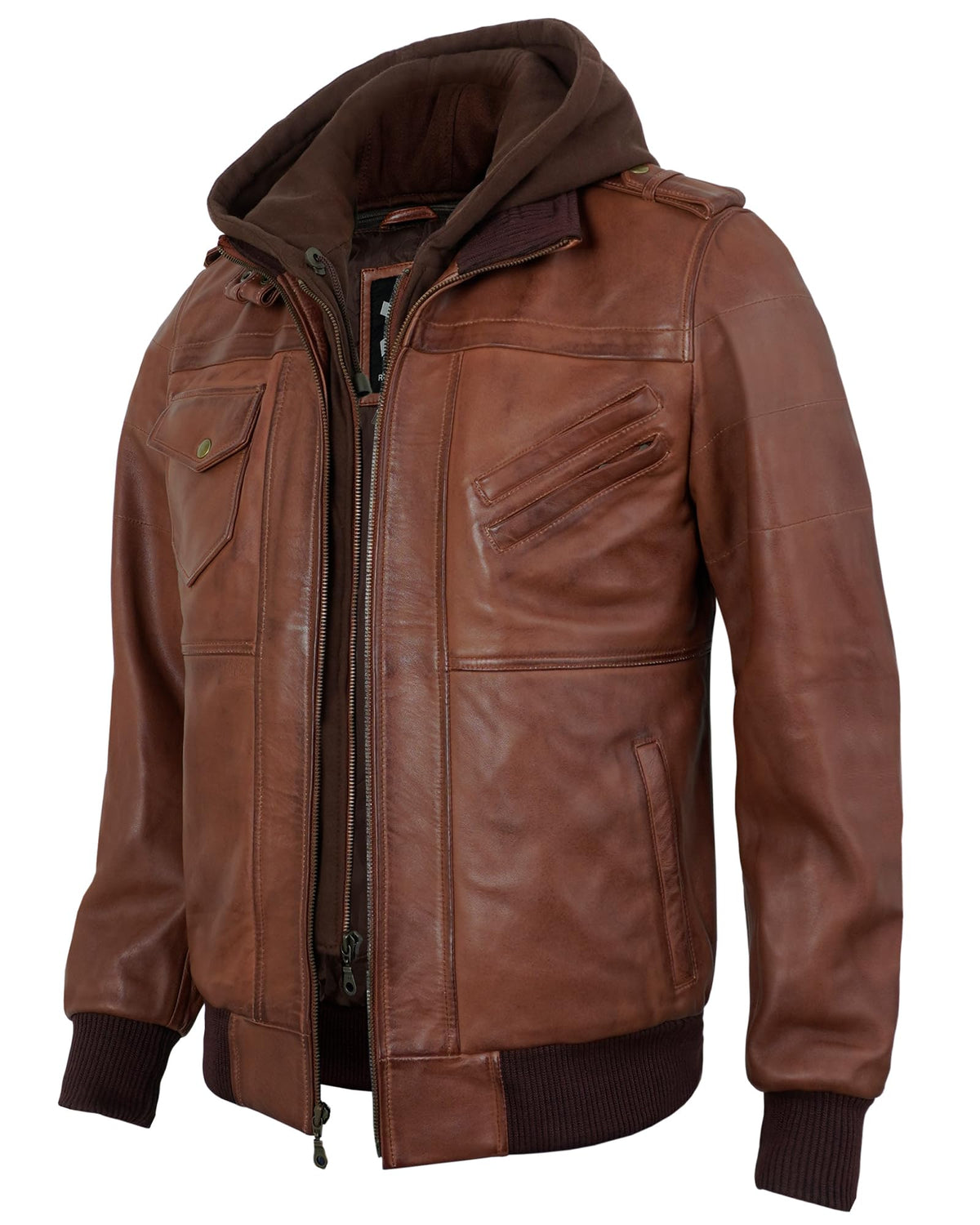 UrbanFocal Hooded Brown Leather Bomber Jacket Men - Real Lambskin Leather Jackets For Mens With Detachable Hood | [101010005] Edinburgh Cognac. XL