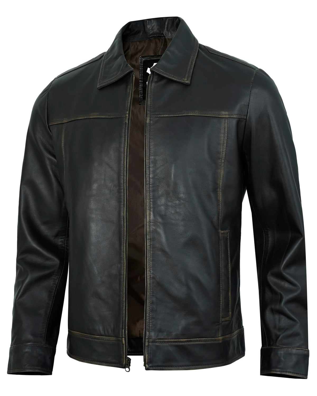 UrbanFocal Brown Leather Jacket Men - Real Lambskin Biker Style Vintage Mens Leather Jackets | [101001705] J.Wick Ruboff. XL