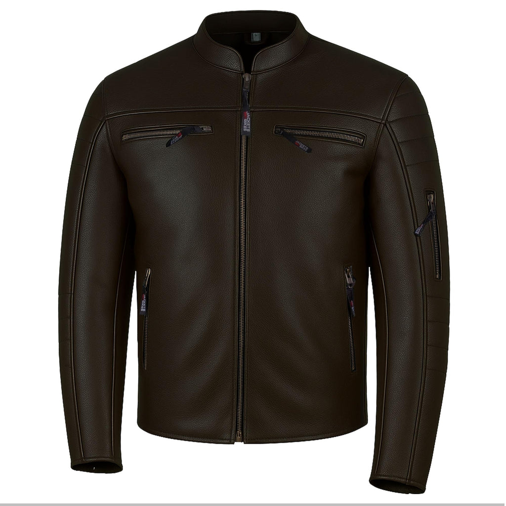 REVOLT Men's Motorcycle Jacket. Natural Buffalo Leather. CE Armor - Ventilation. Cruiser Motorbiker Touring Biker Brown L
