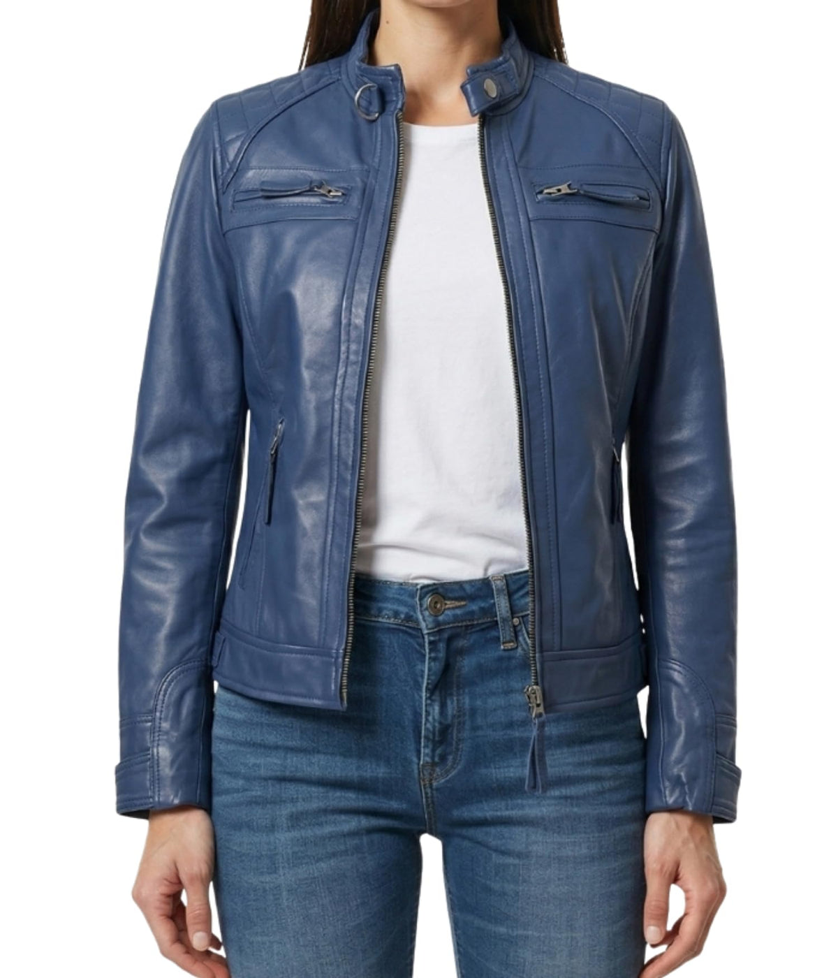 Decrum Cafe Racer Leather Jacket - Leather Jackets for Women | [1324204] D1 Blue. L