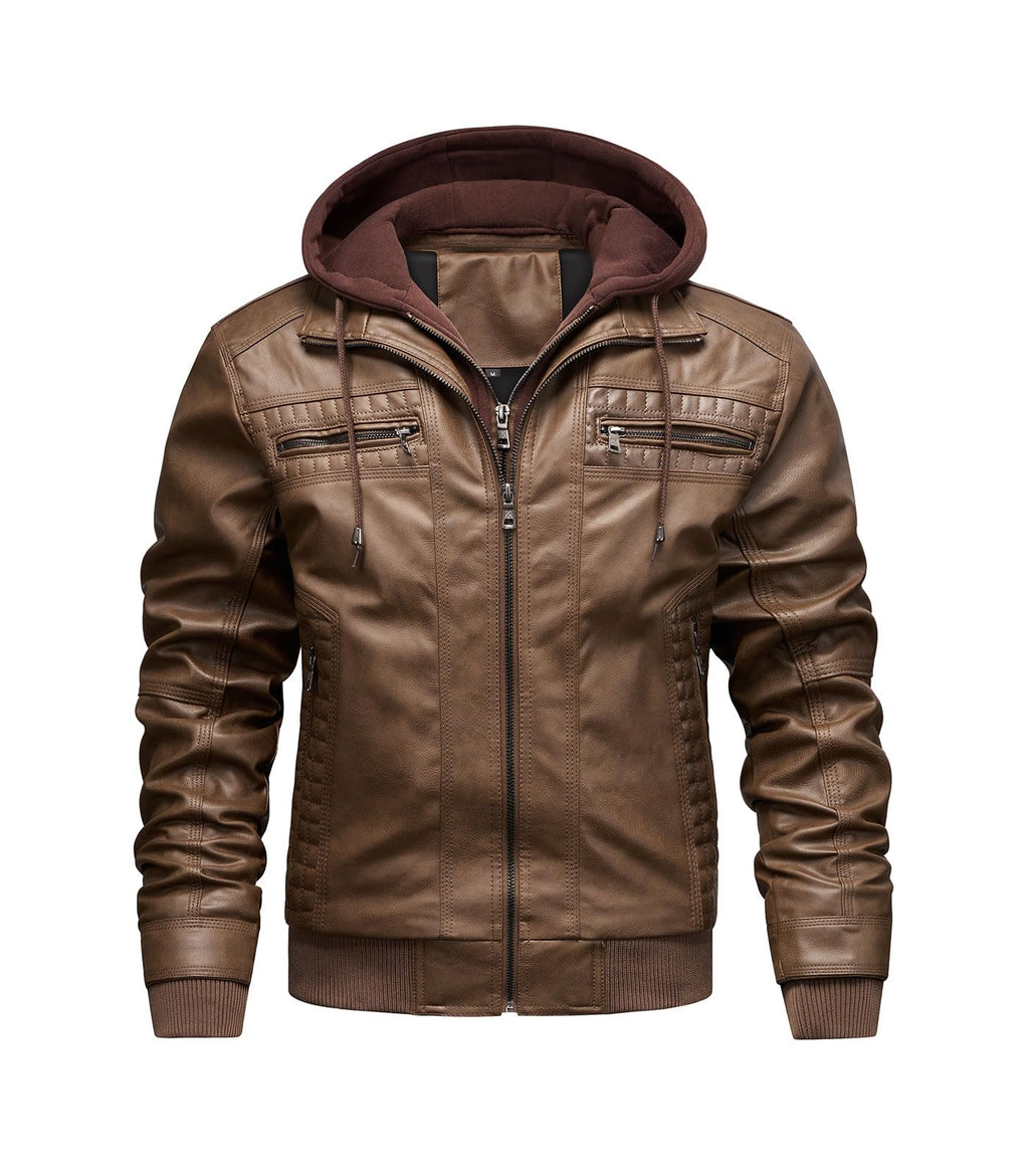 INVACHI Men's Faux Leather Jacket Motorcycle Bomber Jacket with Removable Hood
