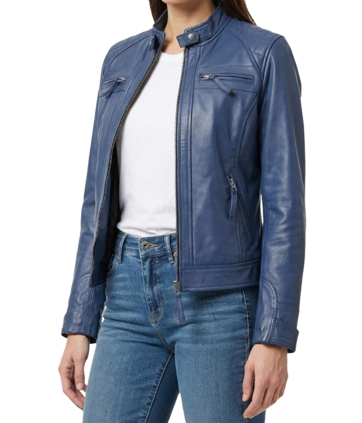 Decrum Cafe Racer Leather Jacket - Leather Jackets for Women | [1324204] D1 Blue. L