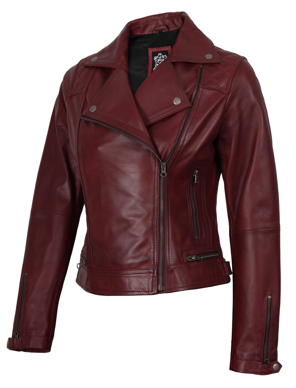 Decrum Disc Womens Burgundy Asymmetrical Jacket - Genuine Lambskin Women Jakcet | [1306493] Kmberly. M