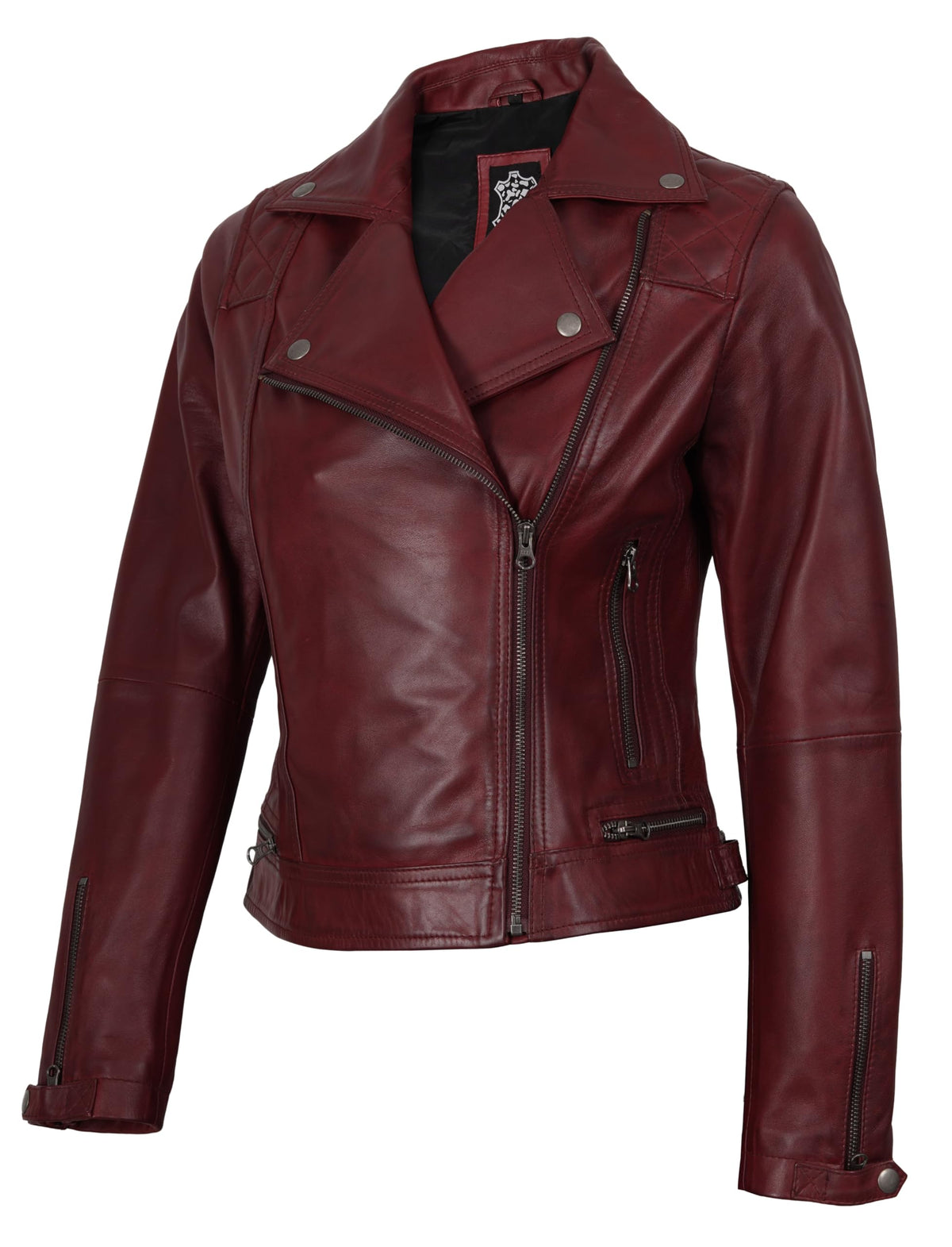 Decrum Disc Womens Burgundy Asymmetrical Jacket - Genuine Lambskin Women Jakcet | [1306493] Kmberly. M