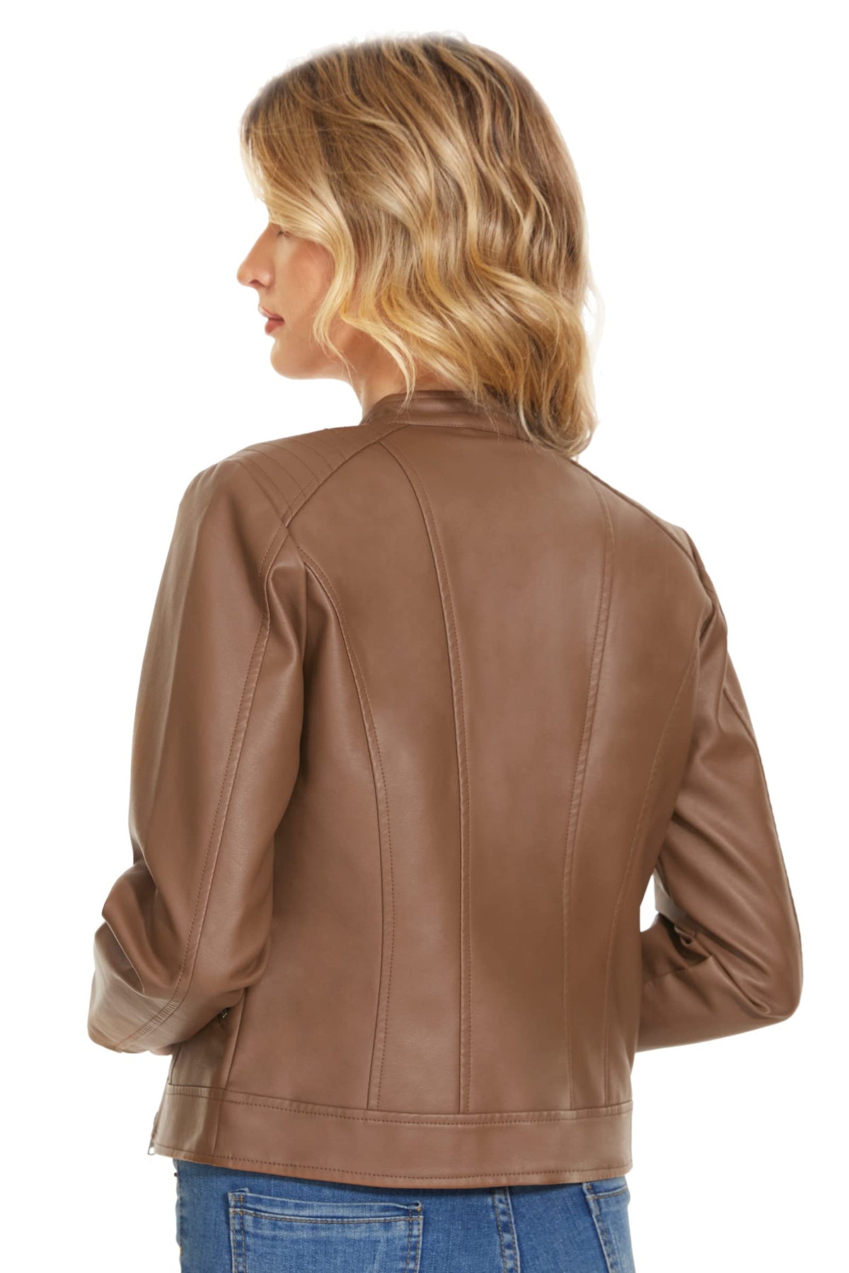 Fahsyee Women's Faux Leather Jackets. Camel Crop Petite Zip Up Motorcycle Short PU Moto Biker Outwear Stand Collar Fitted Slim Coat. Size S