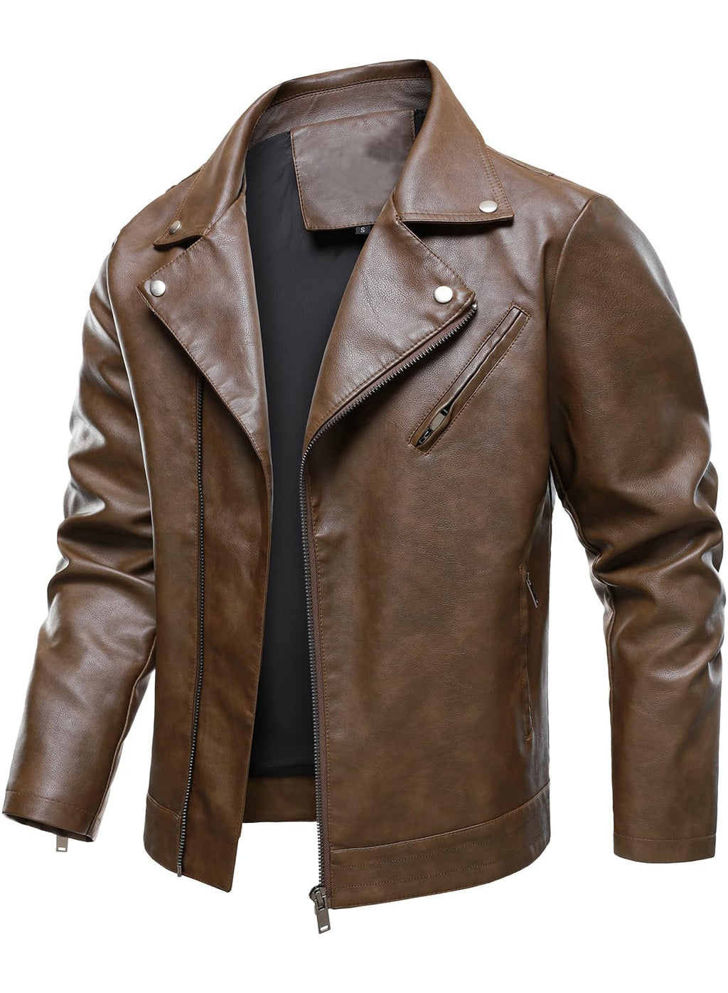 HOOD CREW Men's Faux Leather Jacket Cool Motorcycle Lapel Biker Jackets Zip Up Riding Coat Brown L
