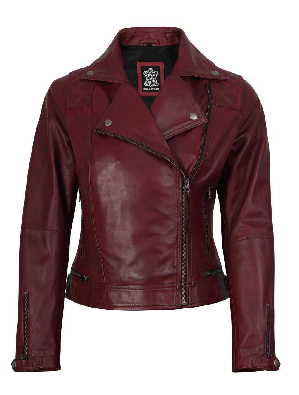 Decrum Disc Womens Burgundy Asymmetrical Jacket - Genuine Lambskin Women Jakcet | [1306493] Kmberly. M