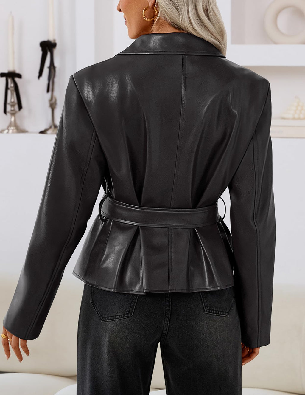 MEROKEETY Women's Fall Fashion 2025 Leather Jacket Casual Belt Button Down Blazer Trendy Coat Outerwear. Black. Large