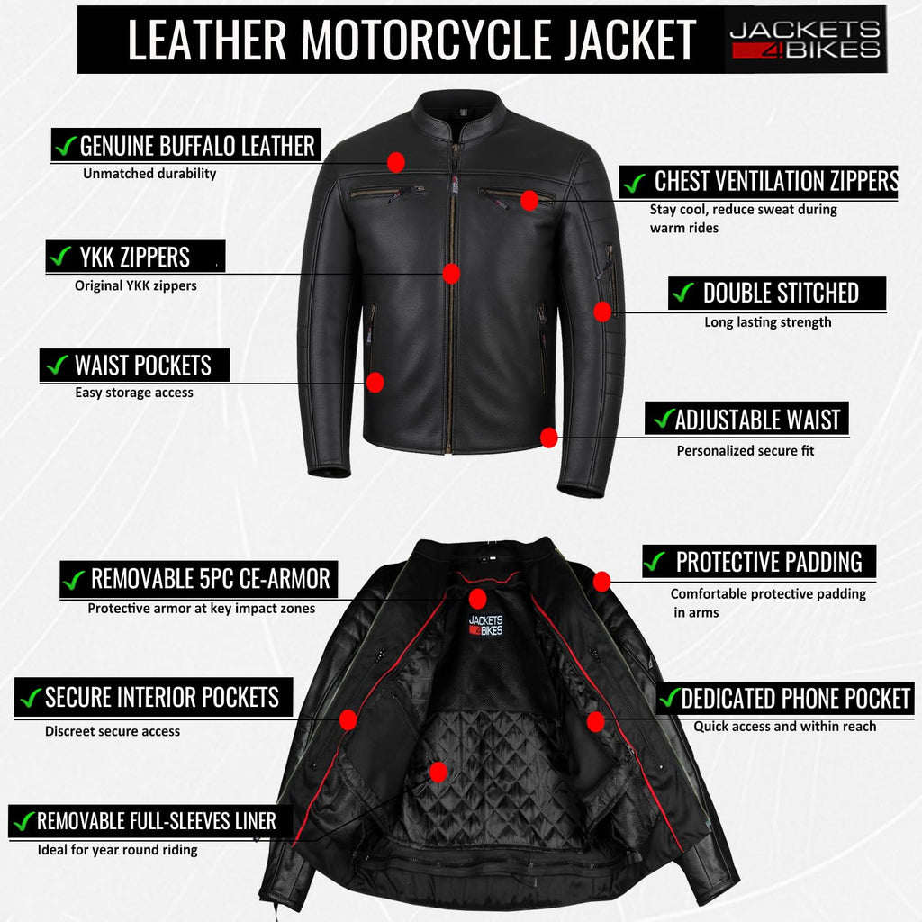 REVOLT Men's Motorcycle Jacket. Natural Buffalo Leather. CE Armor - Ventilation. Cruiser Motorbiker Touring Biker Brown L