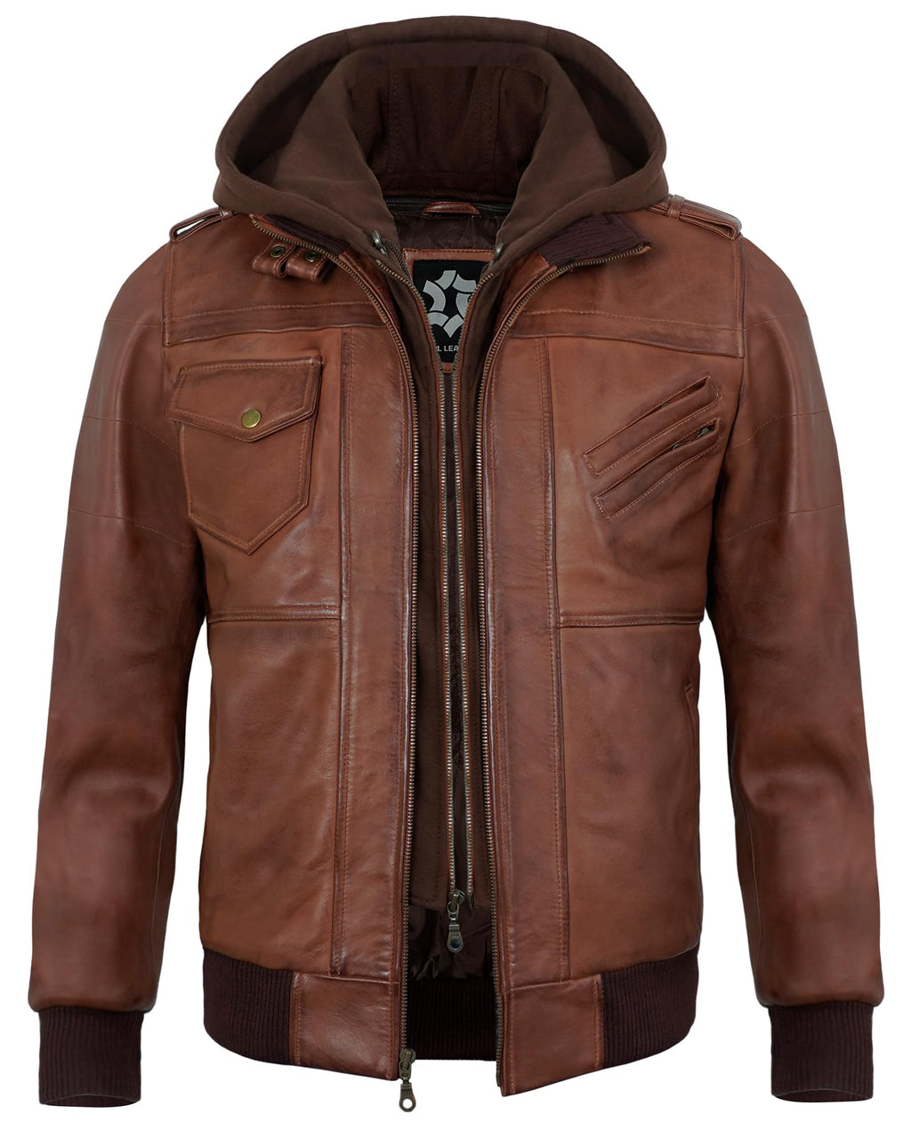 UrbanFocal Hooded Brown Leather Bomber Jacket Men - Real Lambskin Leather Jackets For Mens With Detachable Hood | [101010005] Edinburgh Cognac. XL