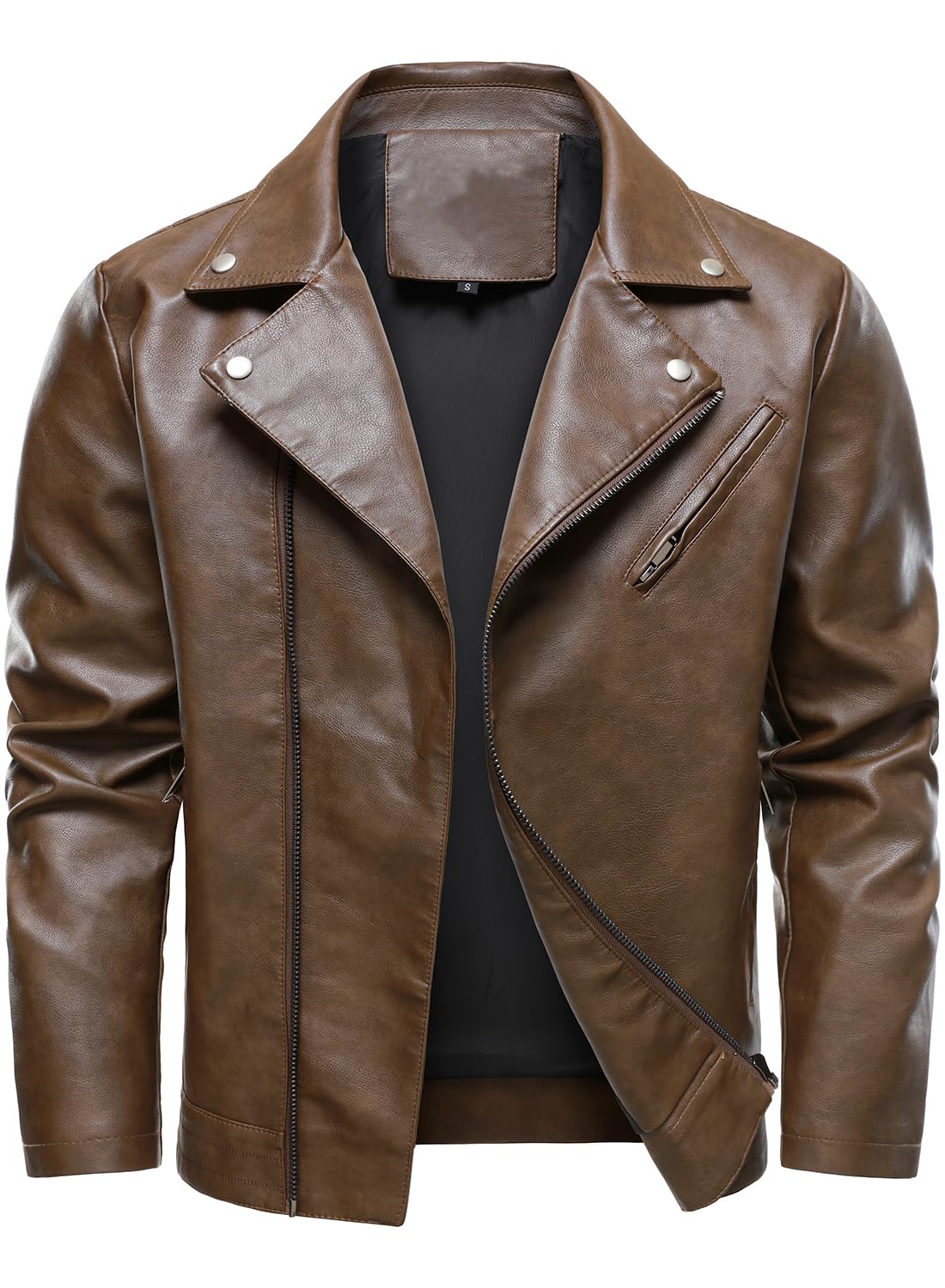 HOOD CREW Men's Faux Leather Jacket Cool Motorcycle Lapel Biker Jackets Zip Up Riding Coat Brown L