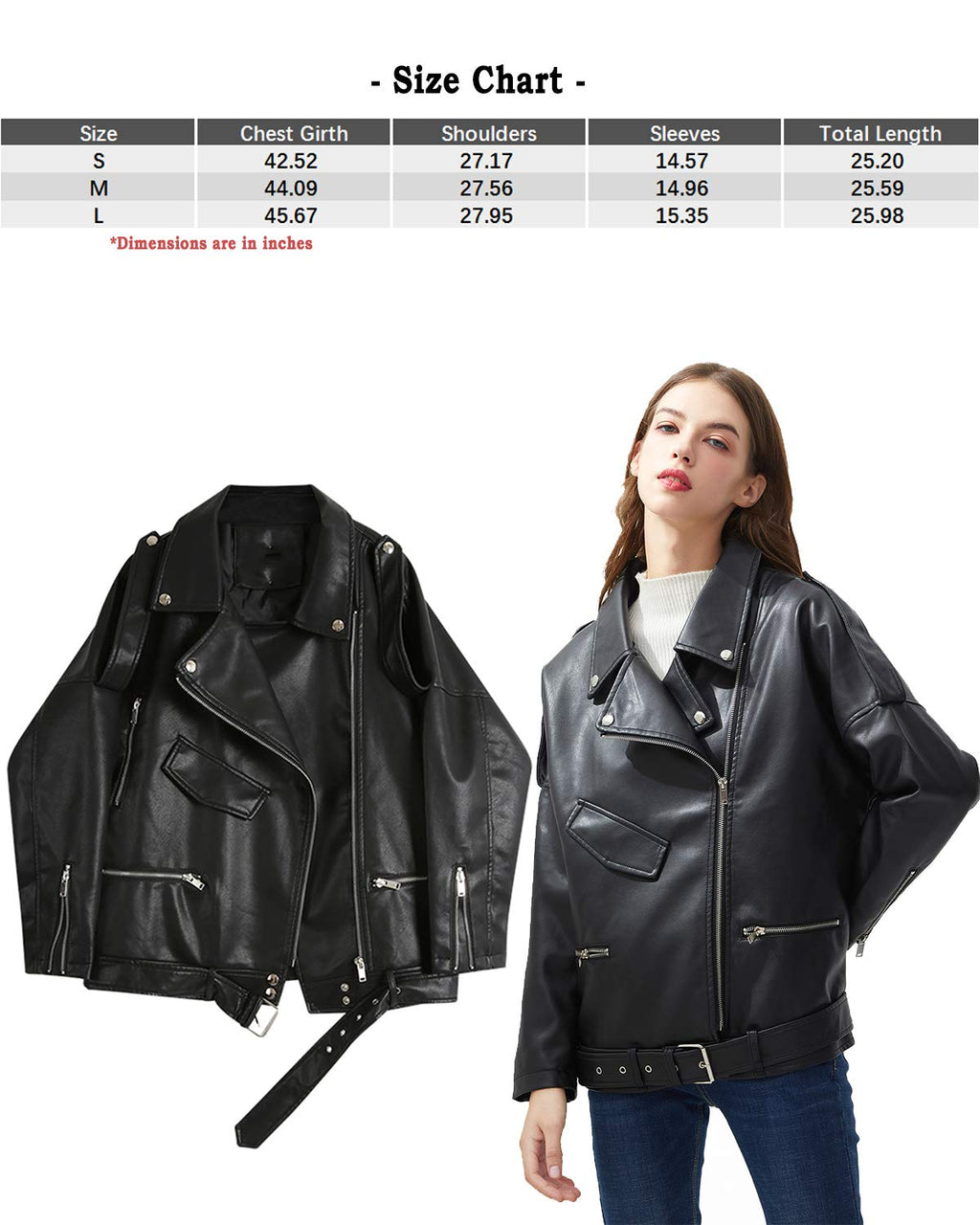 LY VAREY LIN Women Black Faux Leather Jackets Zipper Casual Short Coat Turn-down Collar Motor Biker Jacket with Belt (M. Black)