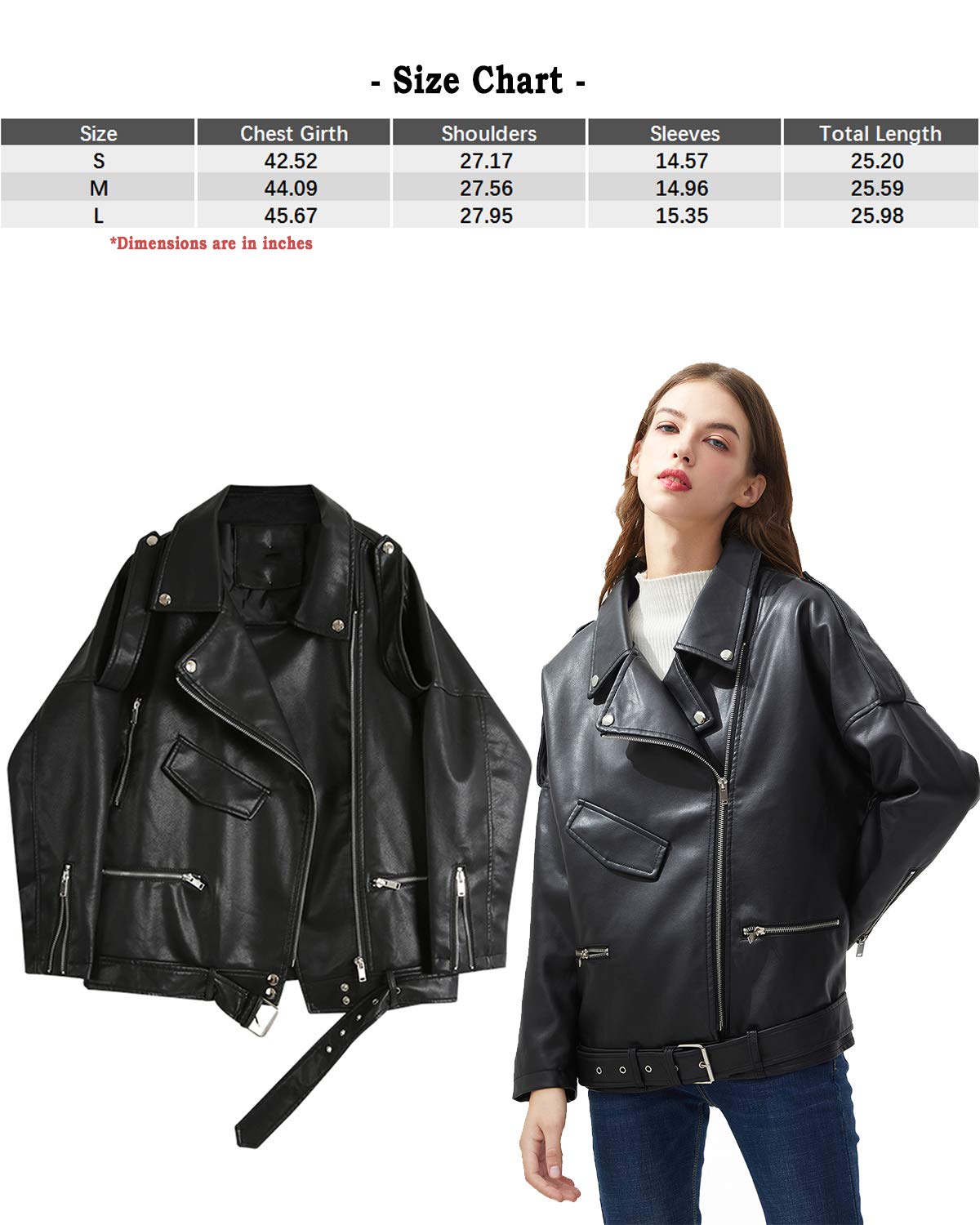 LY VAREY LIN Women Black Faux Leather Jackets Zipper Casual Short Coat Turn-down Collar Motor Biker Jacket with Belt (M. Black)