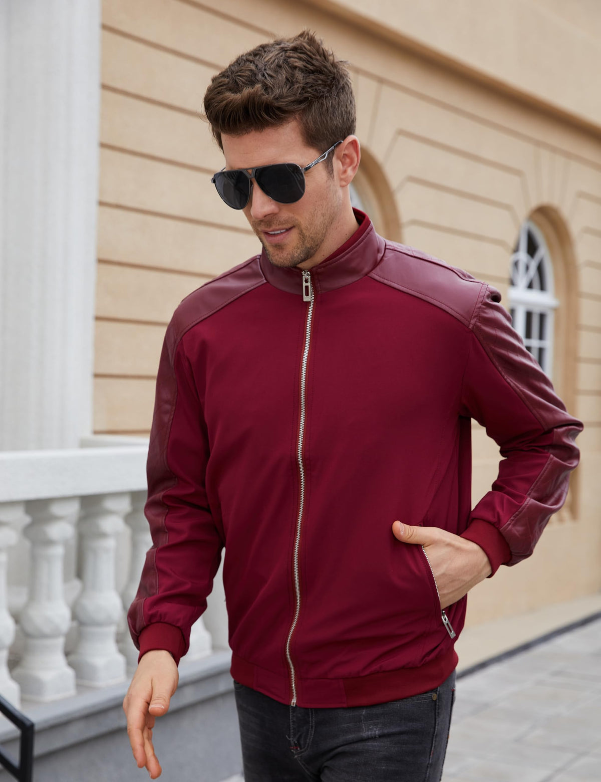 Tanming Men's Casual Slim Fit Lightweight Zip Up Softshell Bomber Jacket (Medium. Red)
