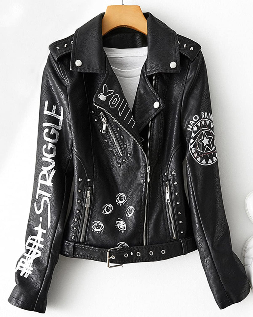 LY VAREY LIN Women's Print Faux Leather Punk Jacket Biker Motorcycle Jacket with Belt (Black. l)