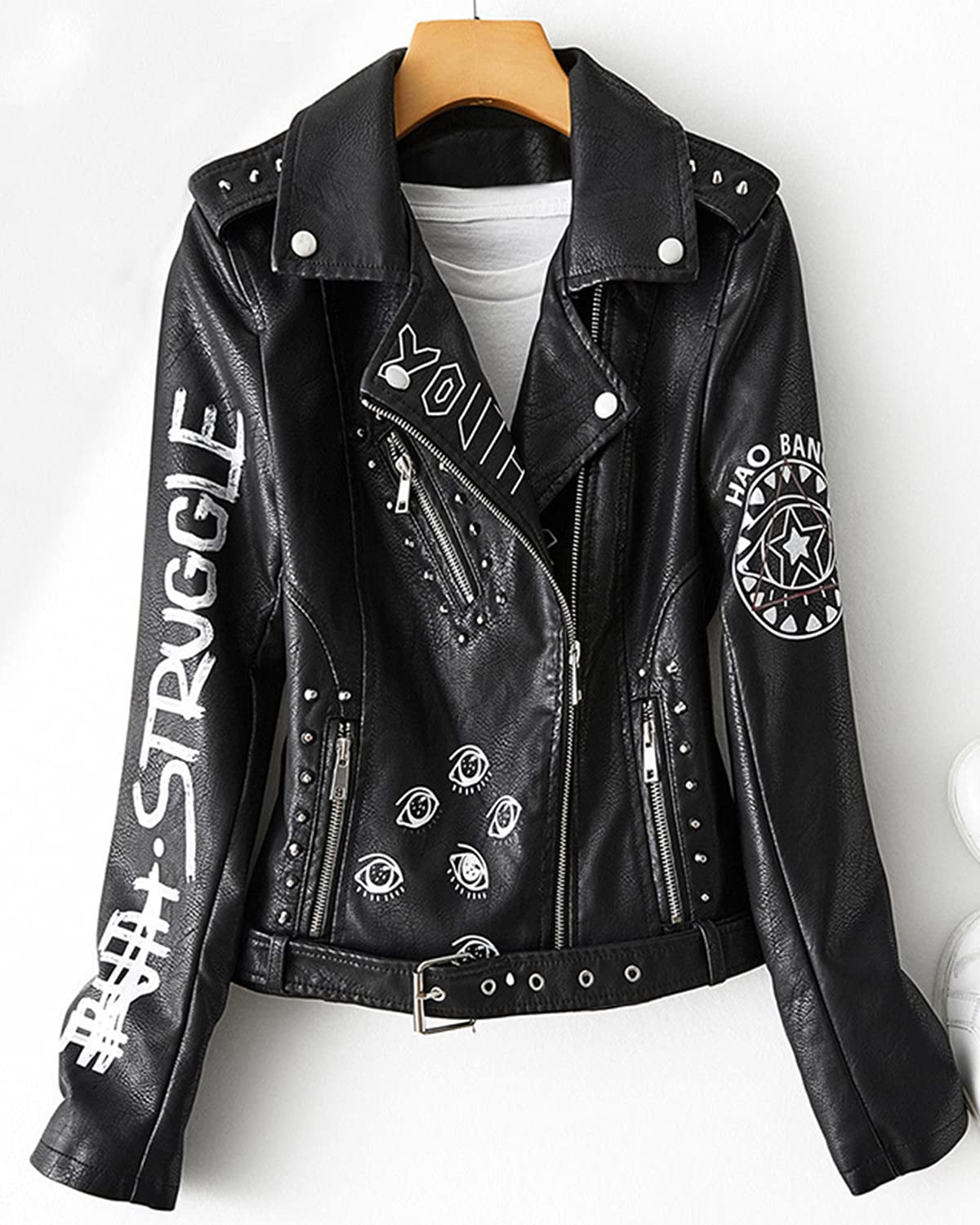 LY VAREY LIN Women's Print Faux Leather Punk Jacket Biker Motorcycle Jacket with Belt (Black. l)