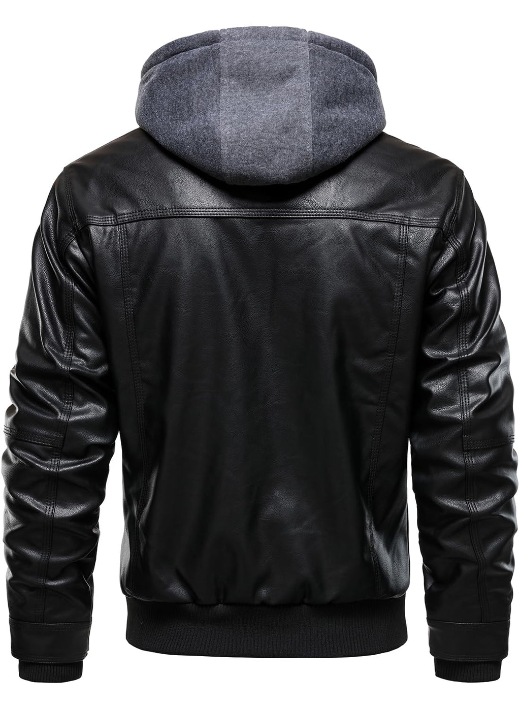 HOOD CREW Men Faux Leather Jacket with Detachable Hood Casual Motorcycle Bomber Jackets Outerwear Black L