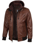 fjackets Real Leather Bomber Jacket Men - Motorcycle Stand Collar with a Removable Hood | [1100154] Edinburgh Brown. L