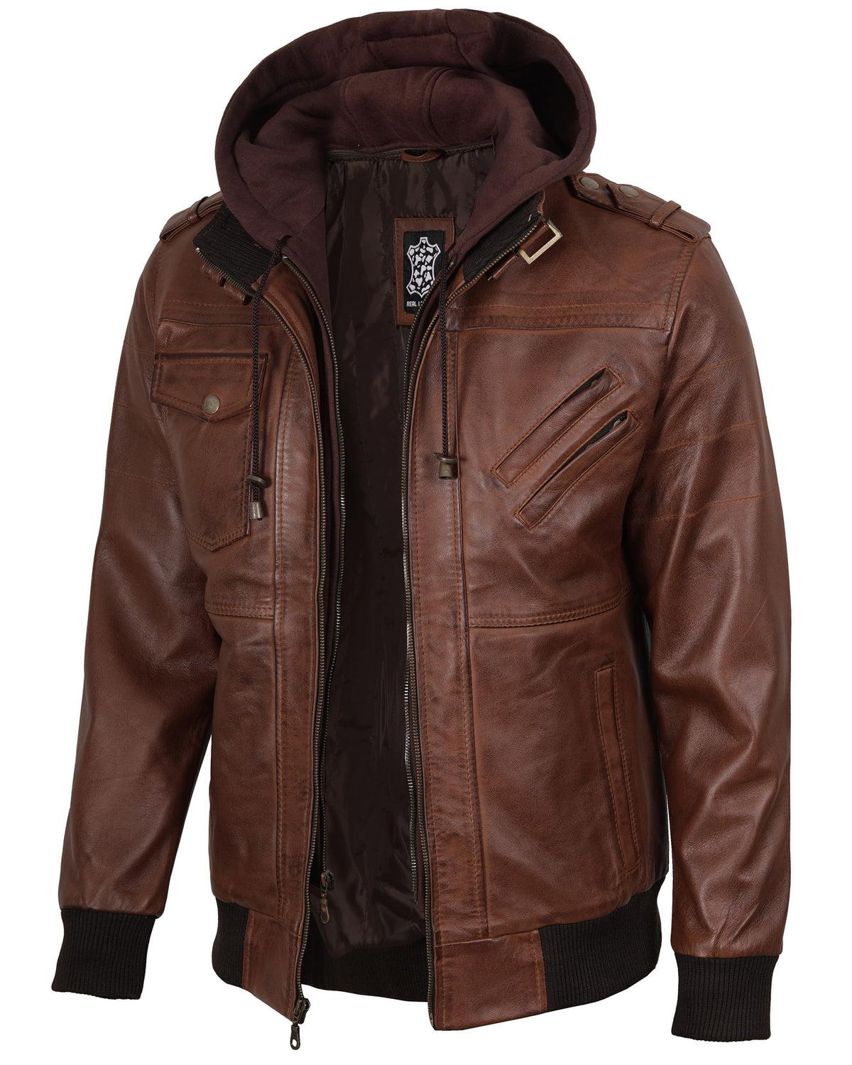 fjackets Real Leather Bomber Jacket Men - Motorcycle Stand Collar with a Removable Hood | [1100154] Edinburgh Brown. L