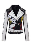 RISISSIDA Studded Leather Jacket Women Moto Motorcycle Faux Leather Short Coat Black-white 0477 S