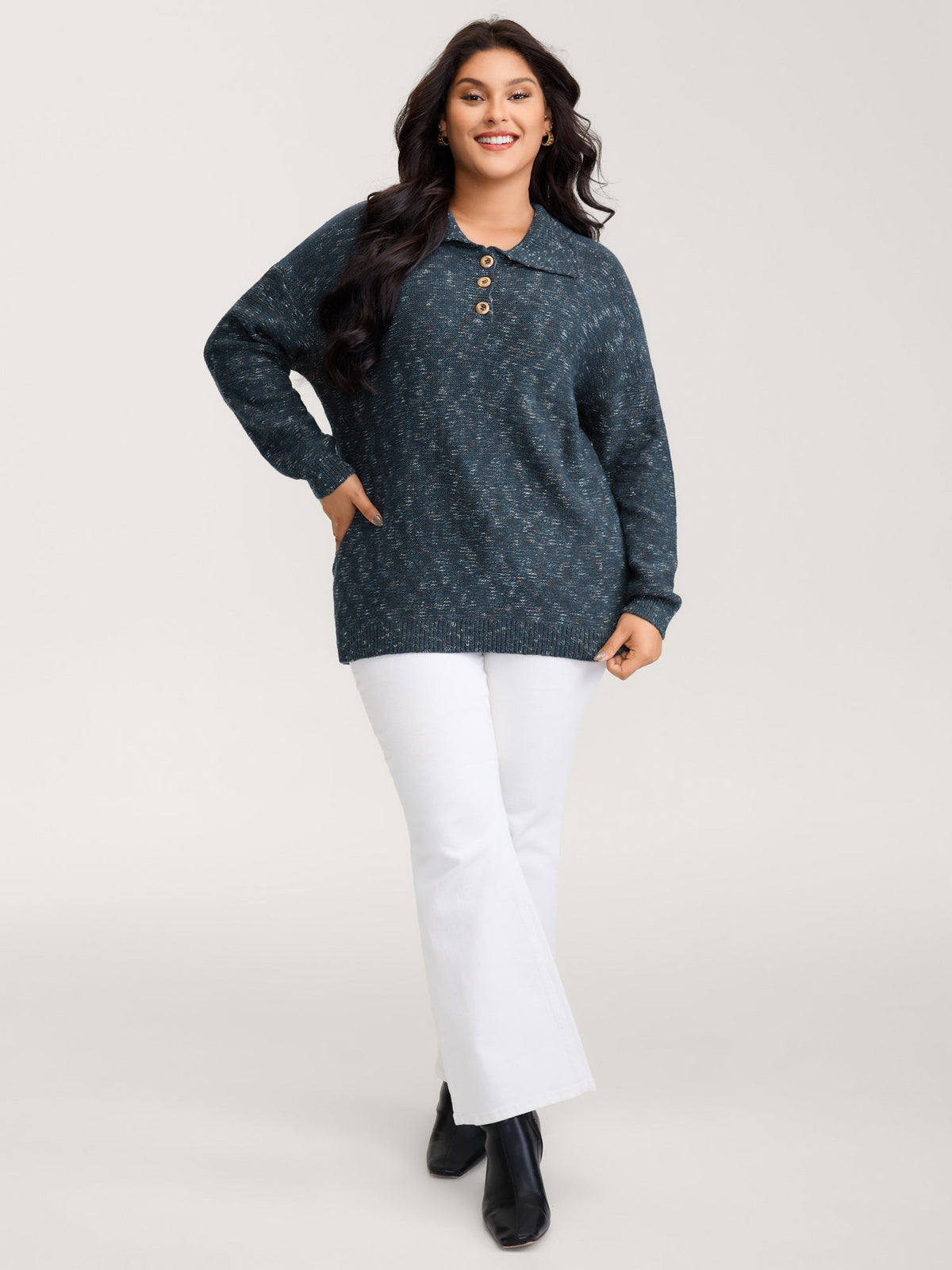 Heather Polo Collar Button Pullover