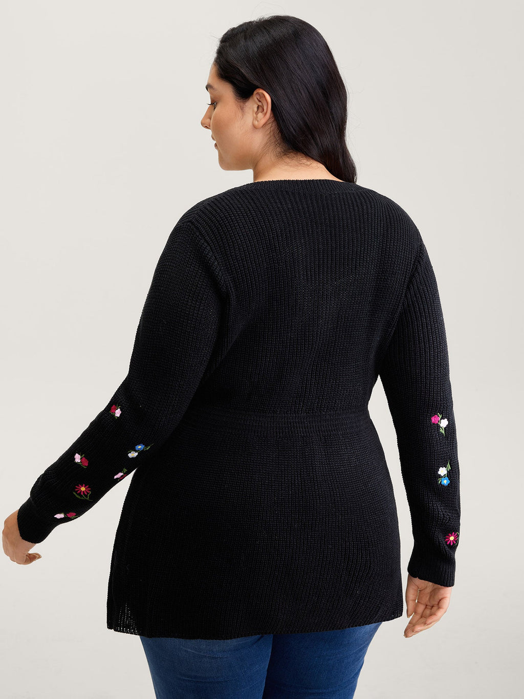 Embroidered Sleeve Stretchy Cinched-Waist Pullover