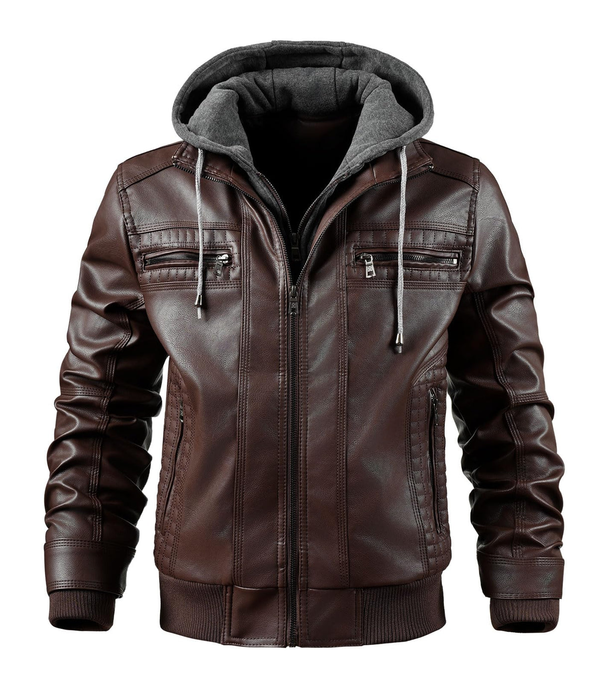 INVACHI Men's Leather Jacket Motorcycle Bomber Jacket Windproof PU Vintage Jacket with Removable Hood (US. Alpha. Medium. Regular. Regular. Coffee)