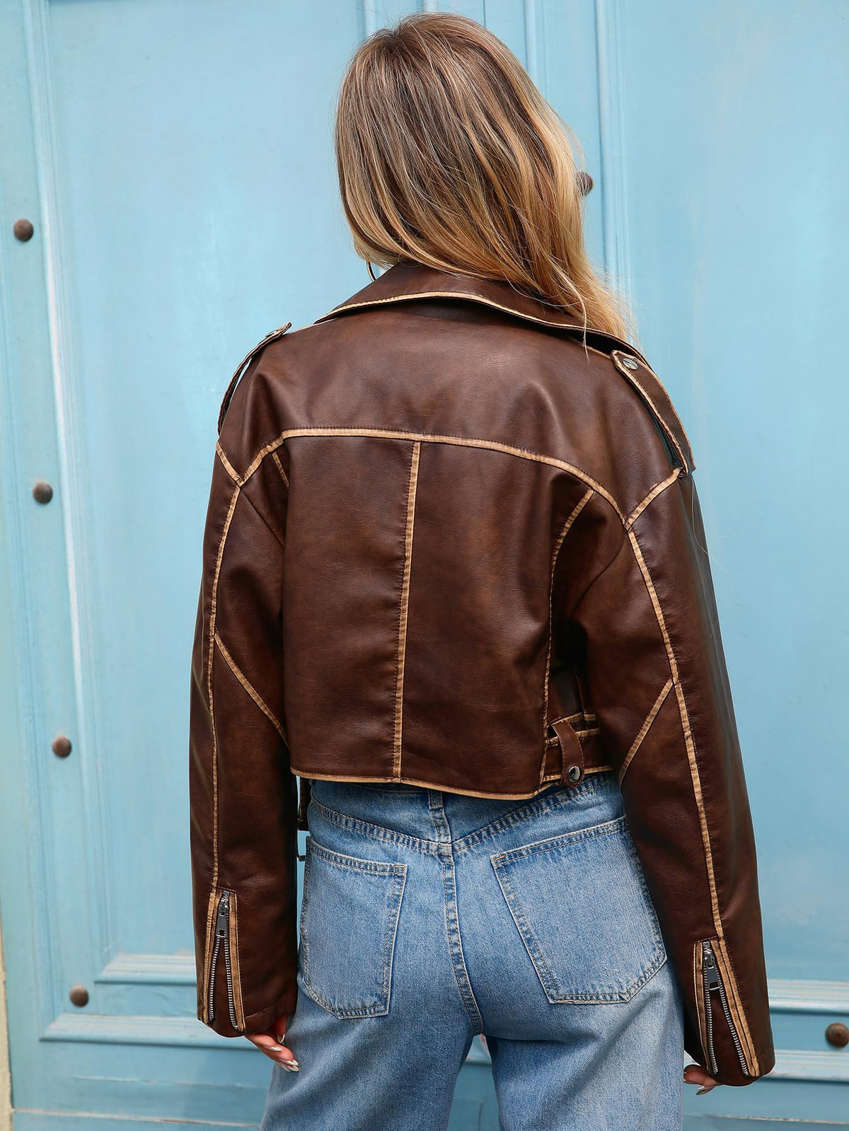 LY VAREY LIN Women Faux Leather Cropped Jacket Vegan Motor Biker Coat with Belt