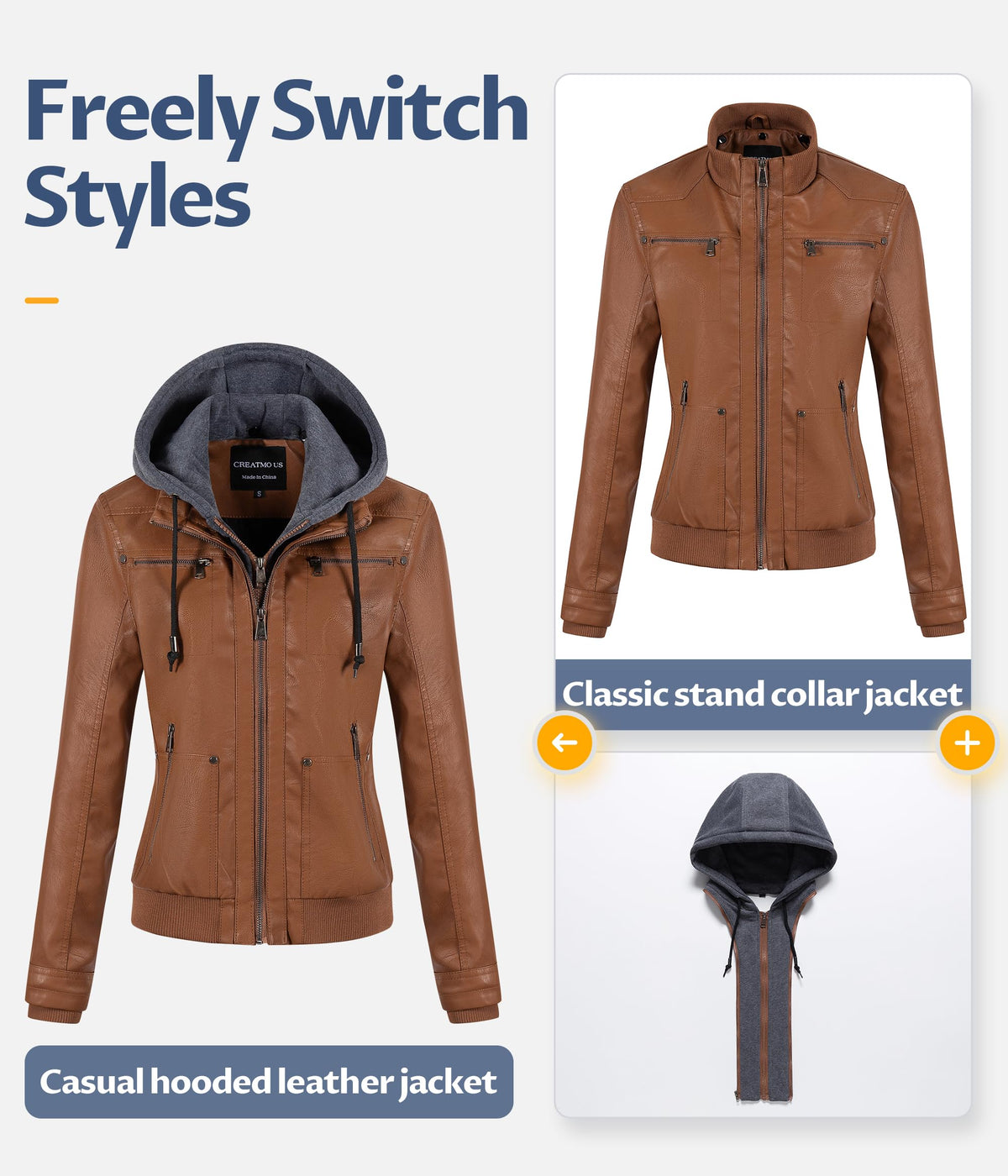 CREATMO US Faux Leather Jacket Women Womens Bomber Jackets Fashion Zip Up Lightweight Moto Biker Coat With Hood Brown 4XL