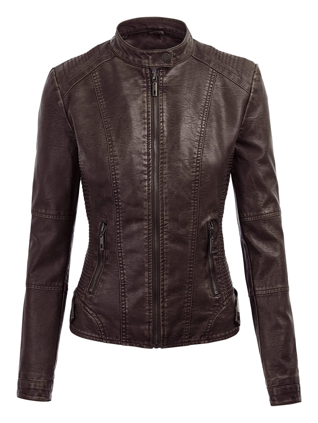 Made By Johnny MBJ WJC1044 Womens Faux Leather Quilted Motorcycle Jacket with Hoodie XL COFFEE