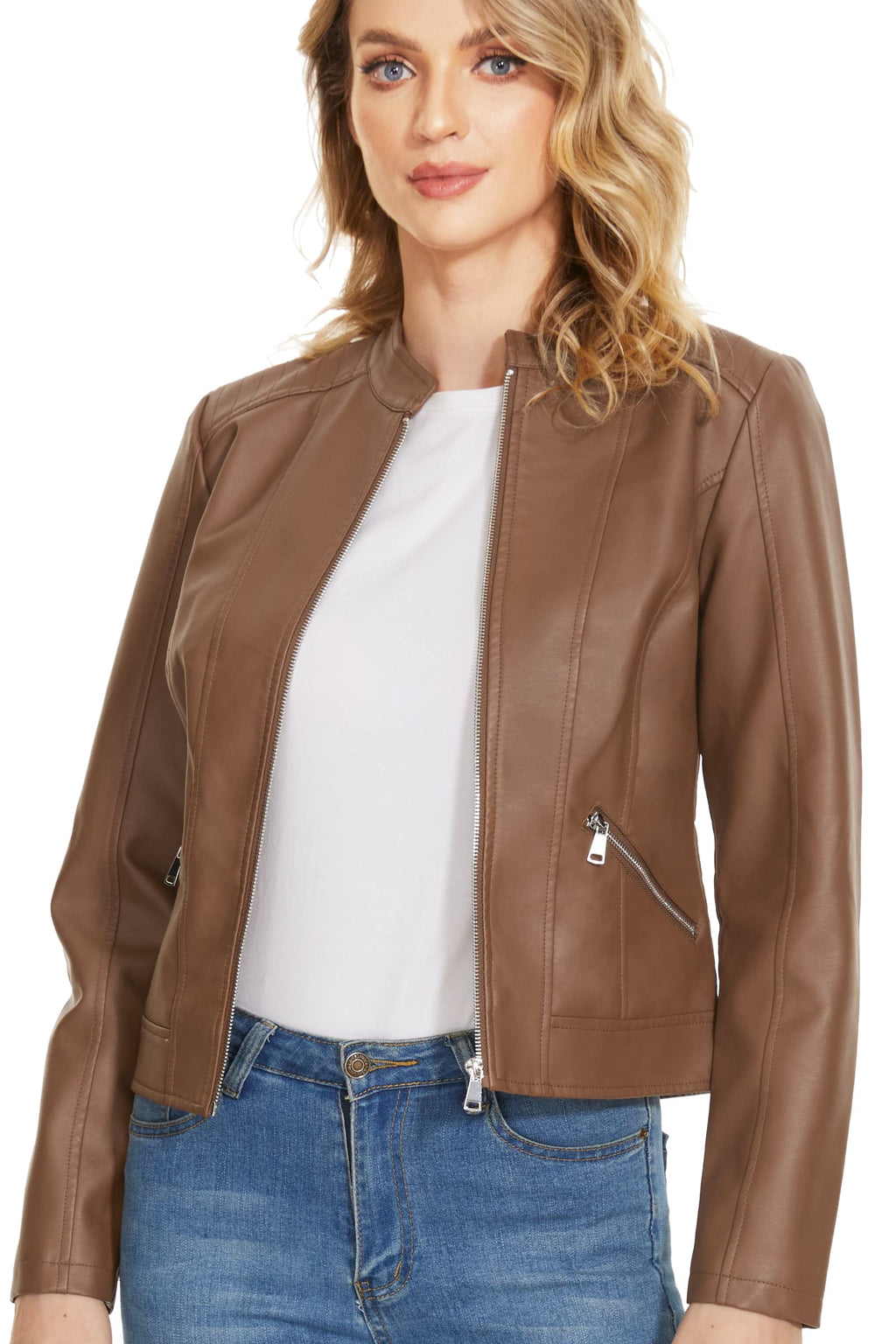 Fahsyee Women's Faux Leather Jackets. Camel Crop Petite Zip Up Motorcycle Short PU Moto Biker Outwear Stand Collar Fitted Slim Coat. Size S