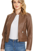Fahsyee Women's Faux Leather Jackets. Camel Crop Petite Zip Up Motorcycle Short PU Moto Biker Outwear Stand Collar Fitted Slim Coat. Size S