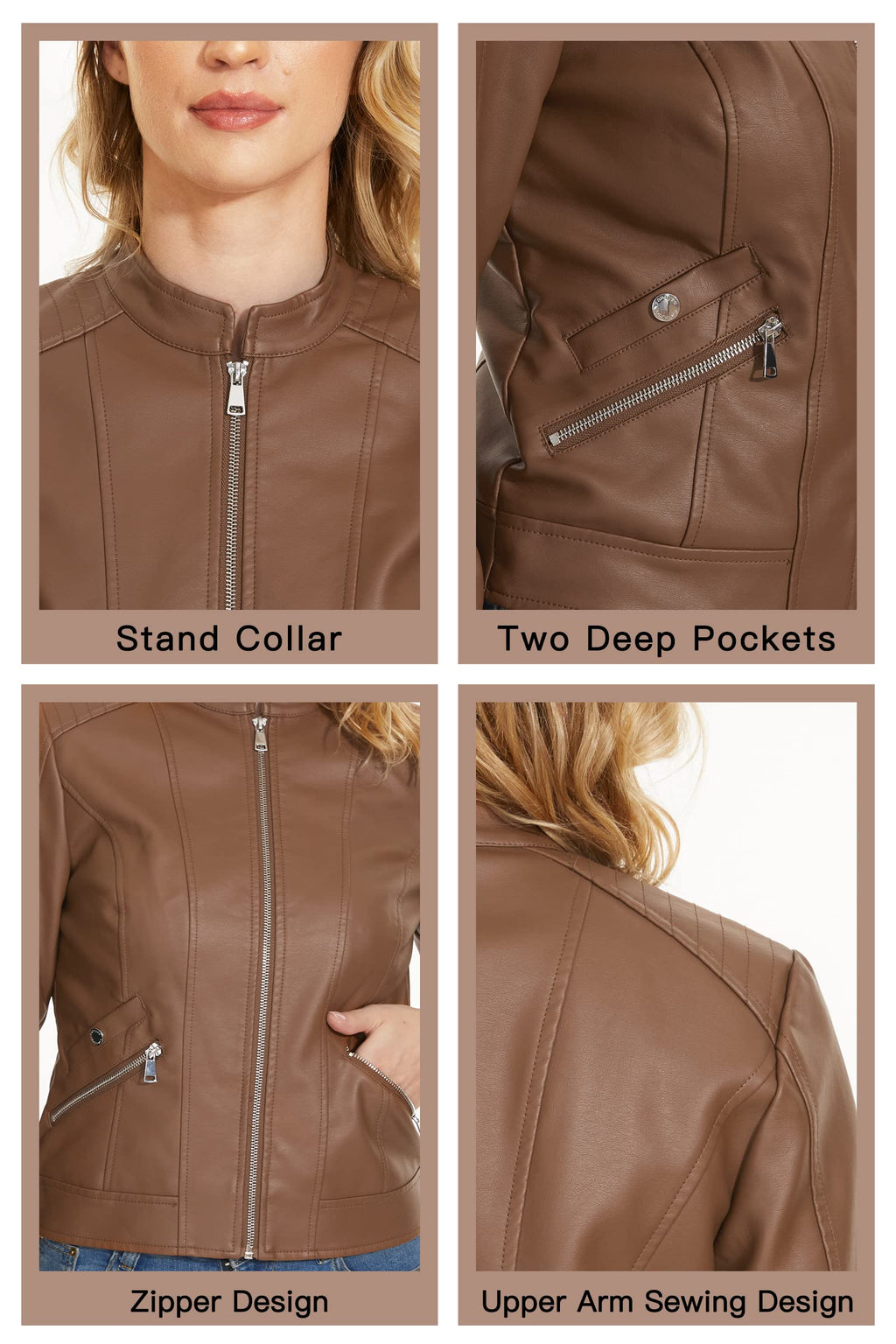 Fahsyee Women's Faux Leather Jackets. Camel Crop Petite Zip Up Motorcycle Short PU Moto Biker Outwear Stand Collar Fitted Slim Coat. Size S