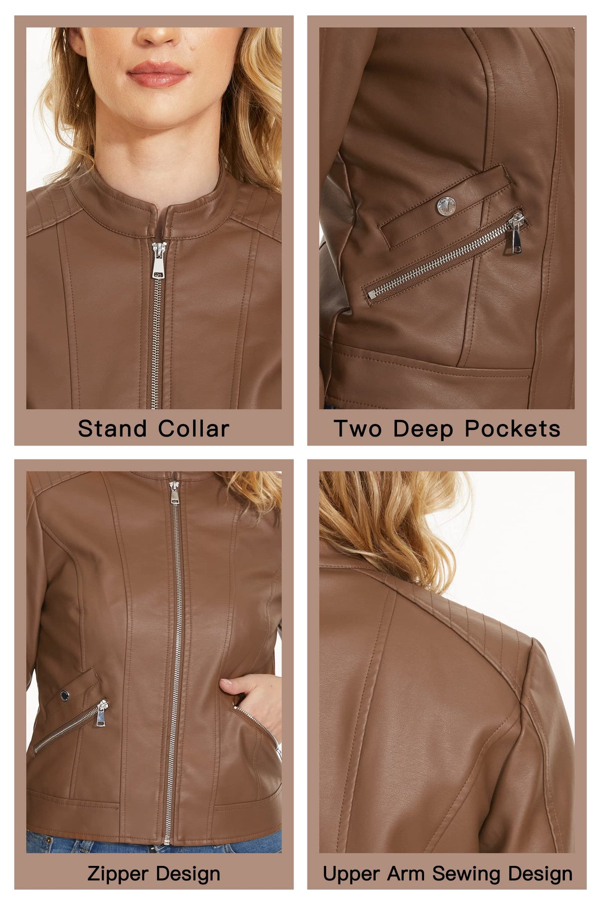 Fahsyee Women's Faux Leather Jackets. Camel Crop Petite Zip Up Motorcycle Short PU Moto Biker Outwear Stand Collar Fitted Slim Coat. Size S