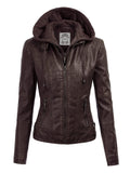 Made By Johnny MBJ WJC1044 Womens Faux Leather Quilted Motorcycle Jacket with Hoodie XL COFFEE