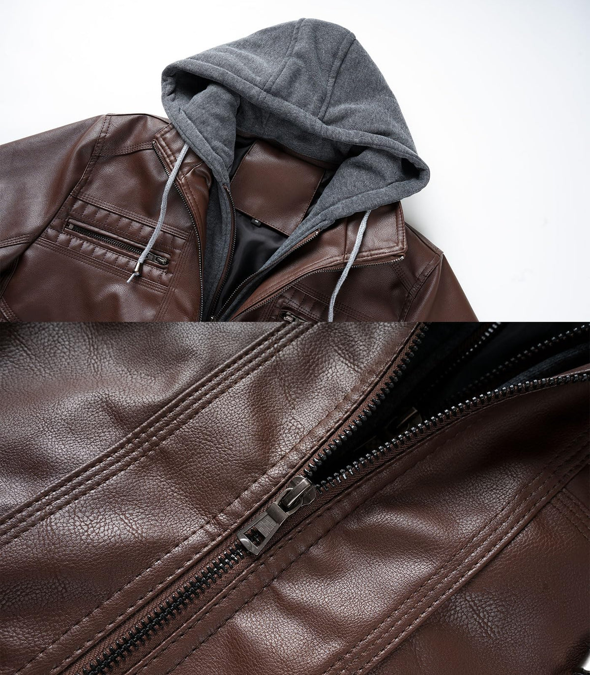 INVACHI Men's Leather Jacket Motorcycle Bomber Jacket Windproof PU Vintage Jacket with Removable Hood (US. Alpha. Medium. Regular. Regular. Coffee)