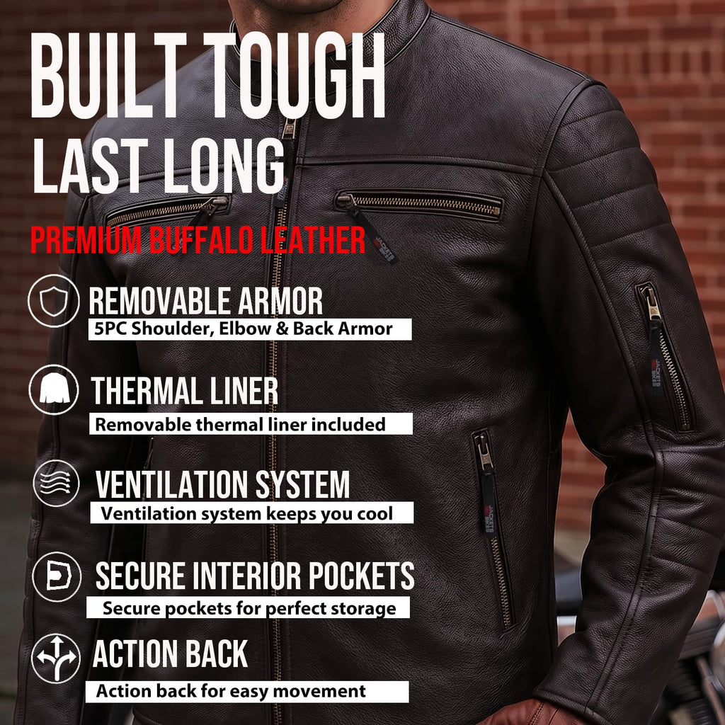 REVOLT Men's Motorcycle Jacket. Natural Buffalo Leather. CE Armor - Ventilation. Cruiser Motorbiker Touring Biker Brown L