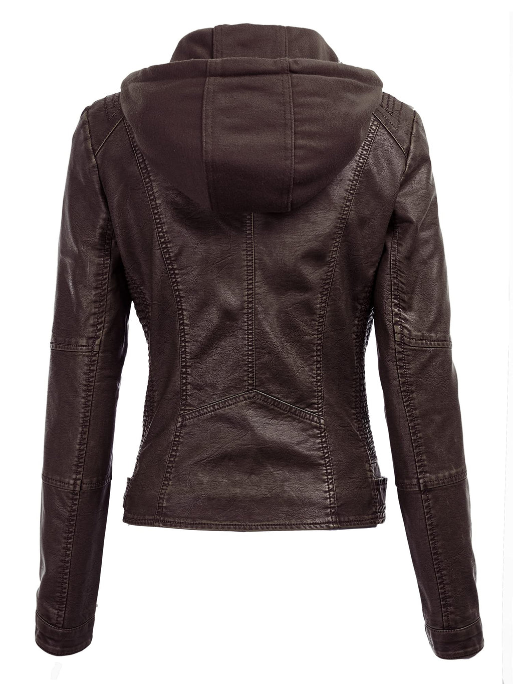 Made By Johnny MBJ WJC1044 Womens Faux Leather Quilted Motorcycle Jacket with Hoodie XL COFFEE