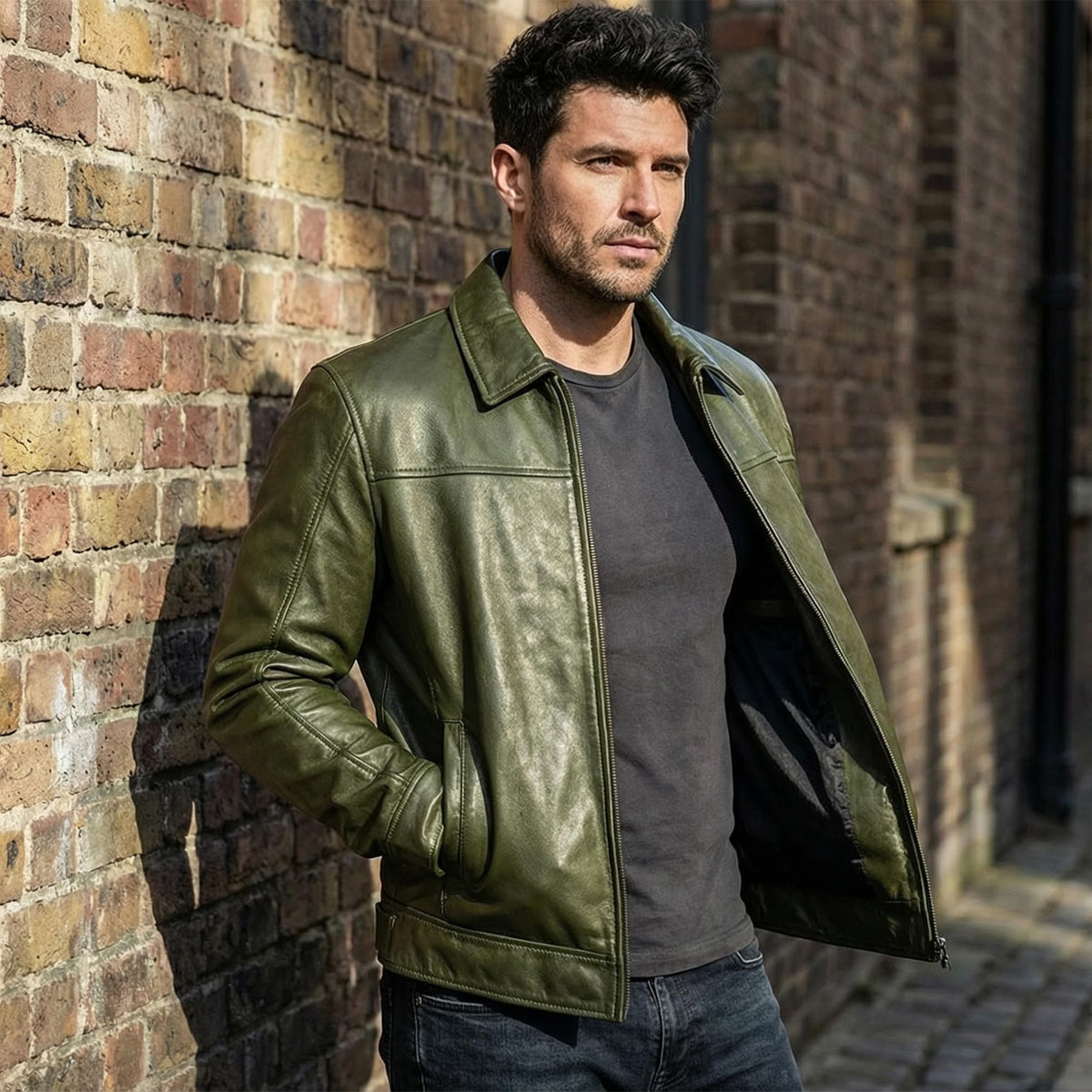 Mens Leather Jacket - Real Lambskin Classic Vintage Style Leather Jackets For Men Brown Leather Jacket for Mens (US. Alpha. X-Large. Regular. Regular. Noir Olive)