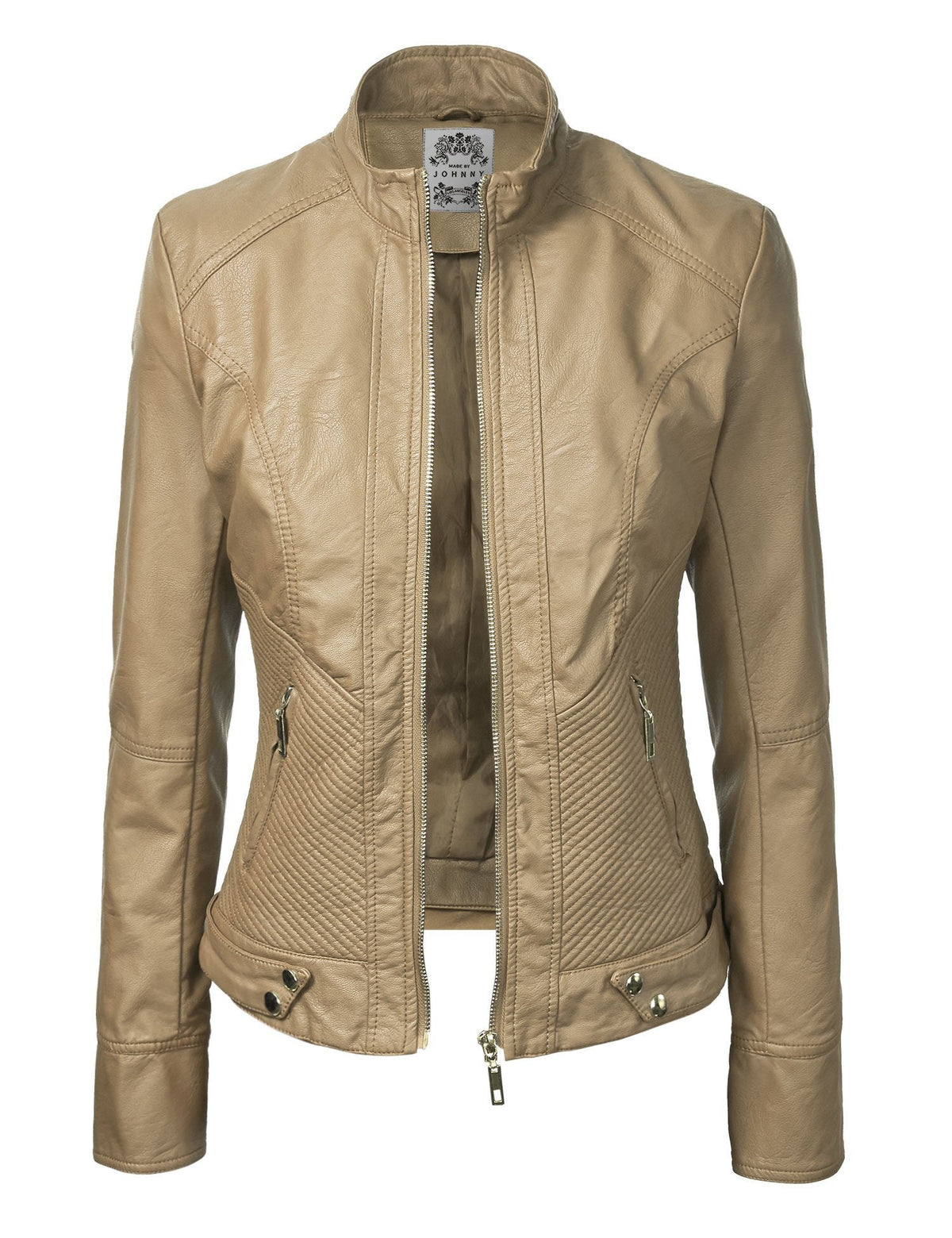 Made By Johnny MBJ WJC747 Womens Dressy Vegan Leather Biker Jacket M Khaki