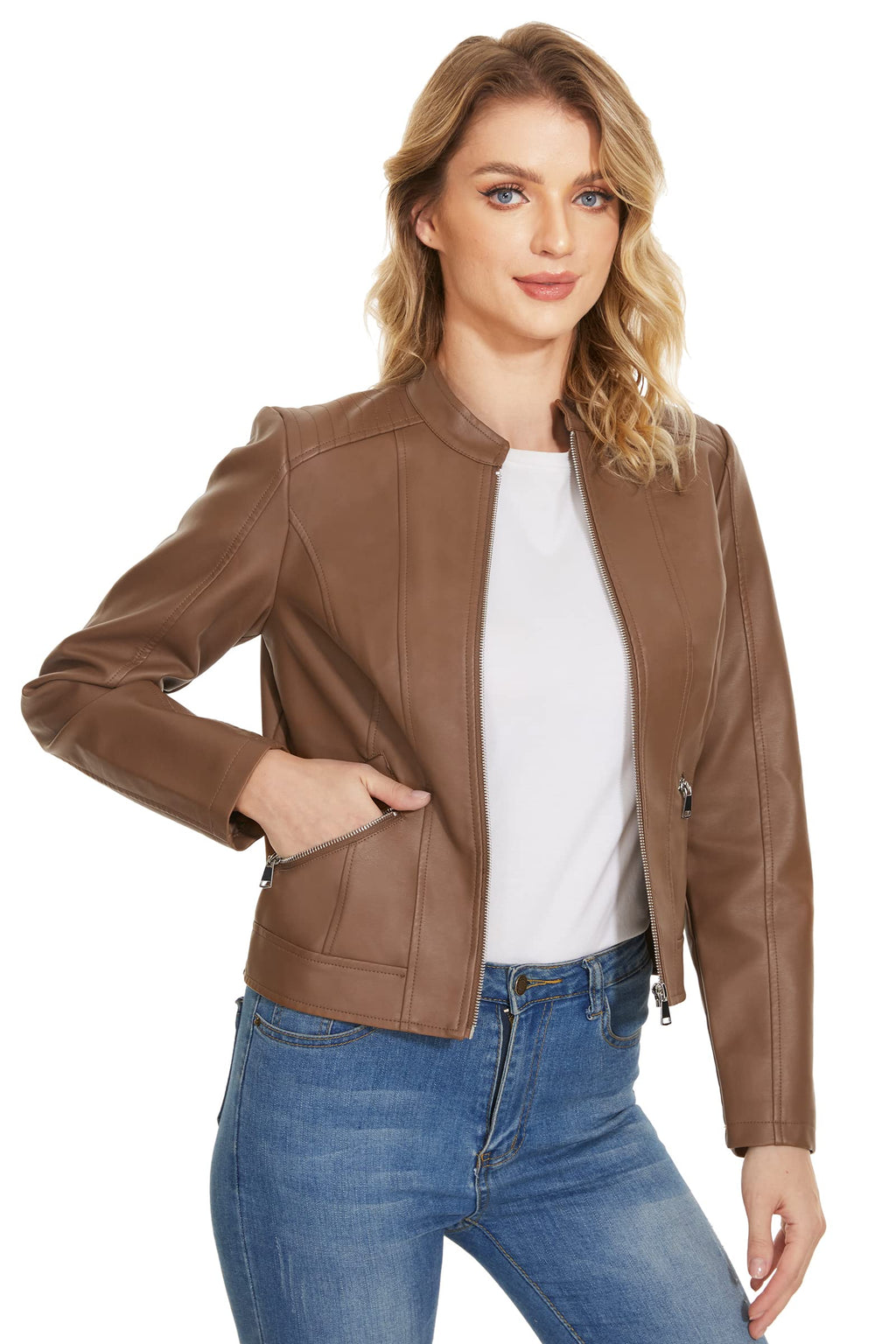 Fahsyee Women's Faux Leather Jackets. Camel Crop Petite Zip Up Motorcycle Short PU Moto Biker Outwear Stand Collar Fitted Slim Coat. Size S