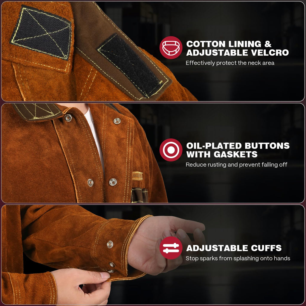 ARCCAPTAIN Leather Welding Jacket. Heavy Duty Welder Jackets with Flame Resistant Split Cowhide Leather. Welding Coat for Men Women