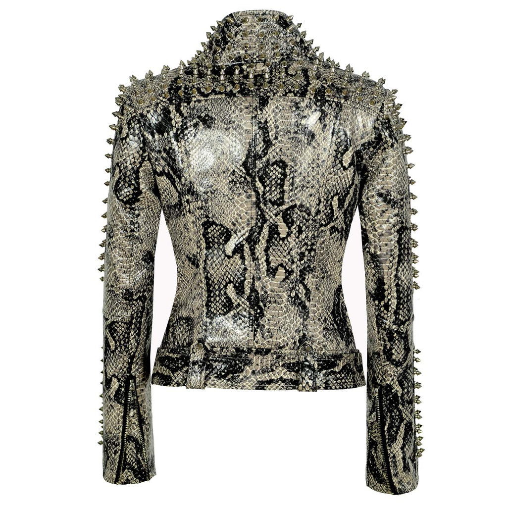SX Women Punk Faux Leather PU Black Jacket Studded Rivet Fashion Streetwear Motorcycle Coat (XL. SnakeSkinColor)