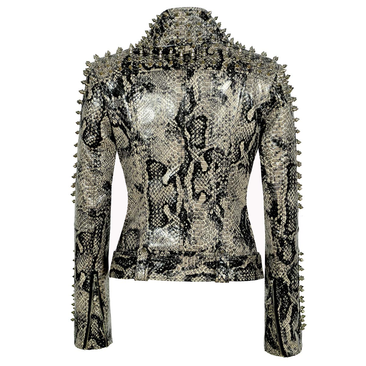 SX Women Punk Faux Leather PU Black Jacket Studded Rivet Fashion Streetwear Motorcycle Coat (XL. SnakeSkinColor)