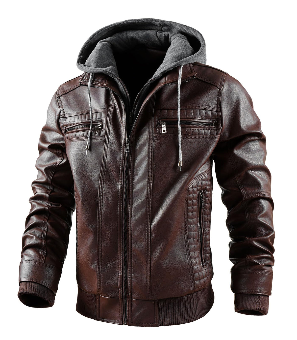 INVACHI Men's Leather Jacket Motorcycle Bomber Jacket Windproof PU Vintage Jacket with Removable Hood (US. Alpha. Medium. Regular. Regular. Coffee)